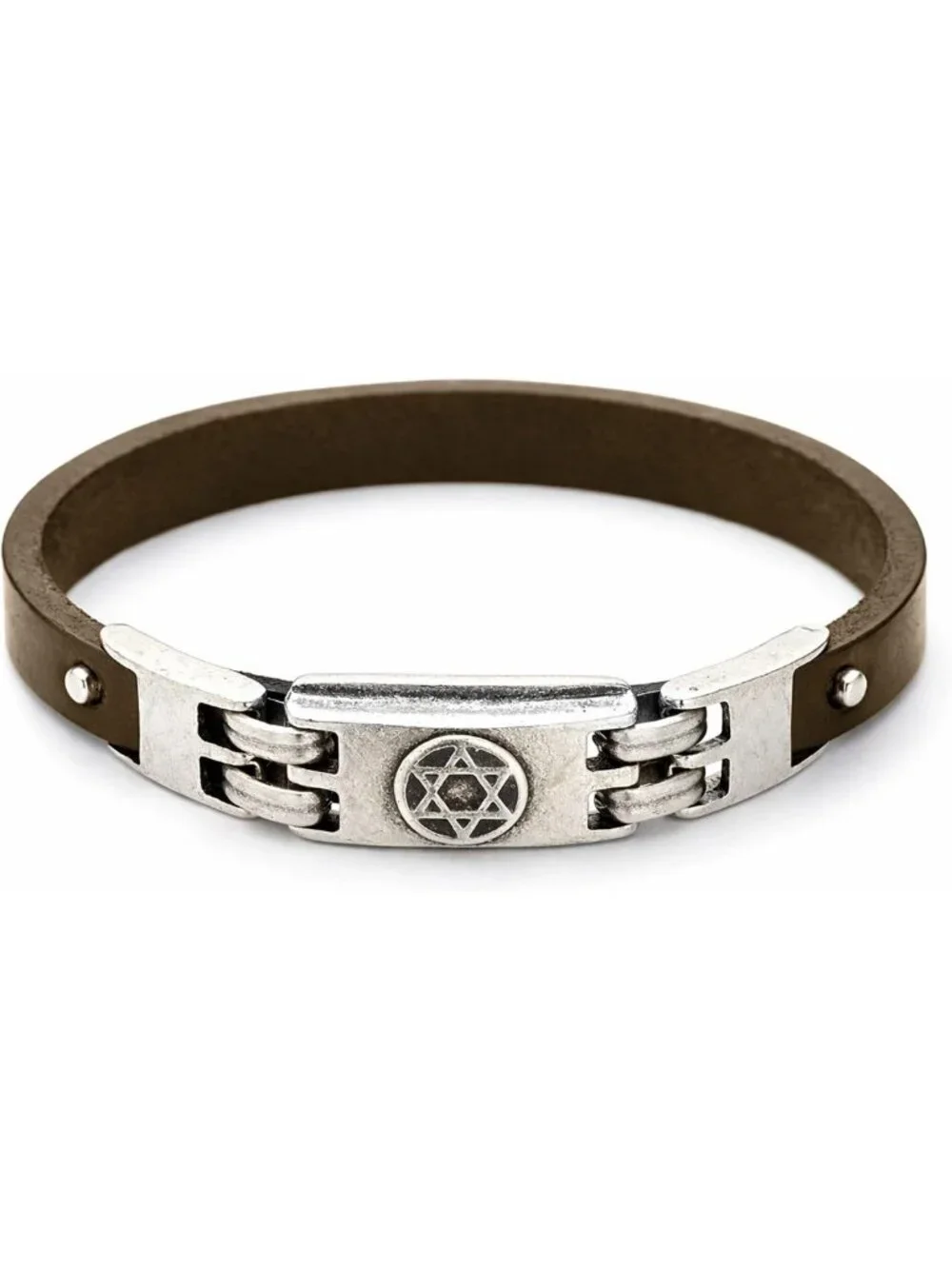Brown Leather Star of David Bracelet for Men, Adjustable Pewter Charm Gift